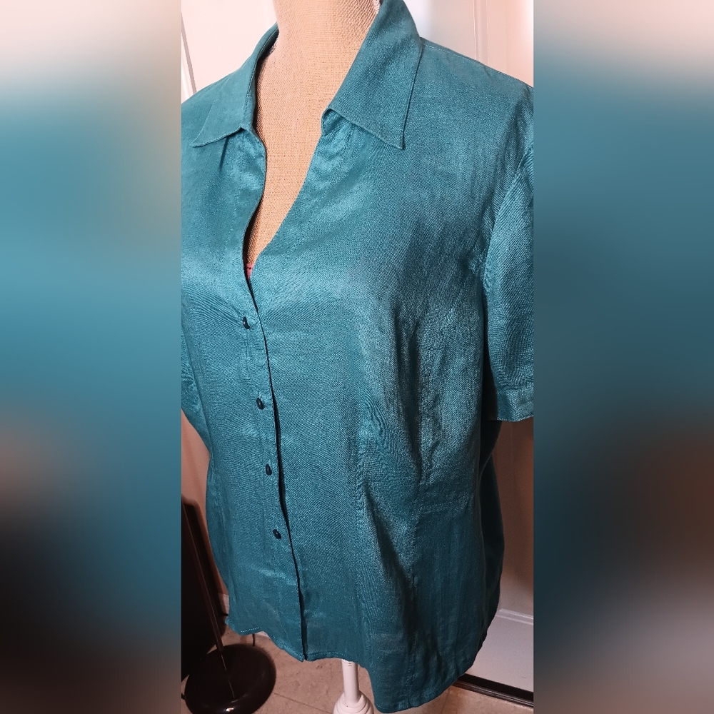 Rafaella Teal Short Sleeve Button Down 100% Linen Shirt Size 18W